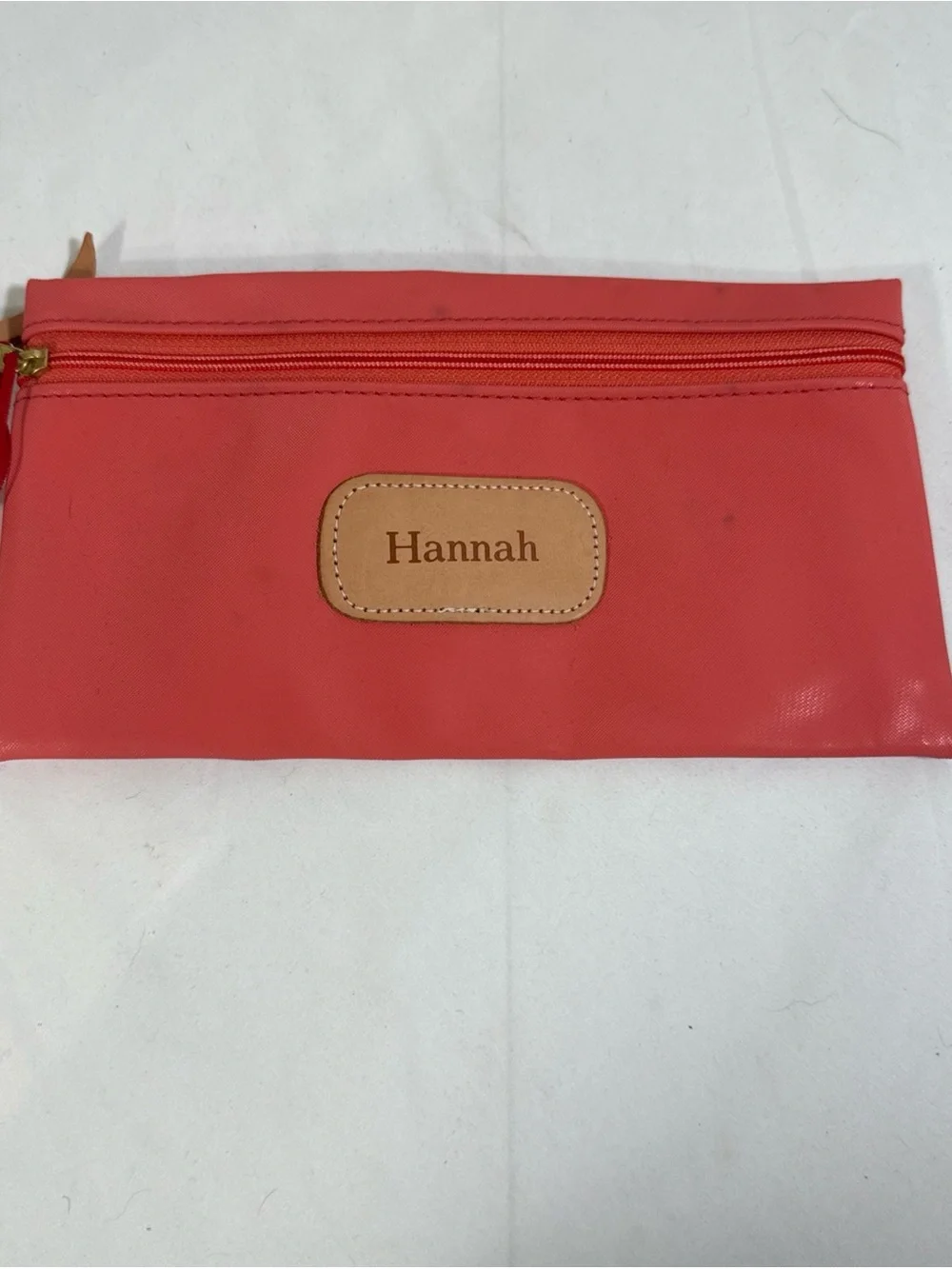 Jon Hart “Hannah” Coral Cosmetic Zip Pouch with Tan Name Patch